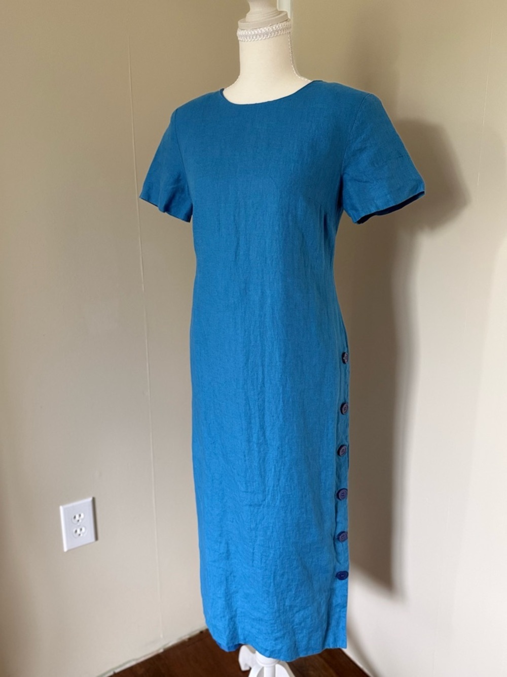 Vintage 90s Talbots Blue Short-Sleeve Midi Dress Side Button Slit Irish Linen - Picture 1 of 11